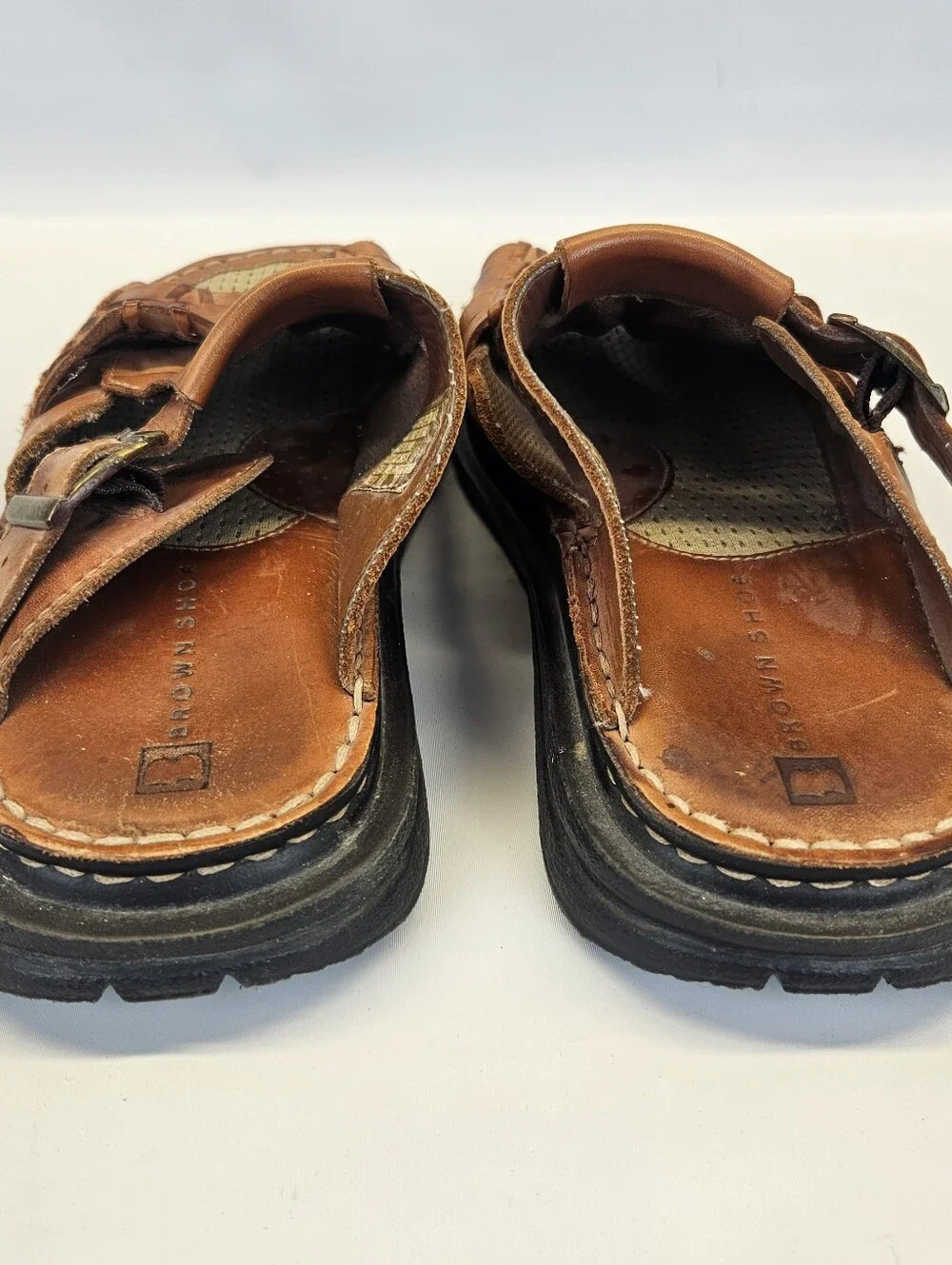 Vintage Y2k Brown Leather Chunky Sandals Basket Weave Mens 9 Slip On Slide